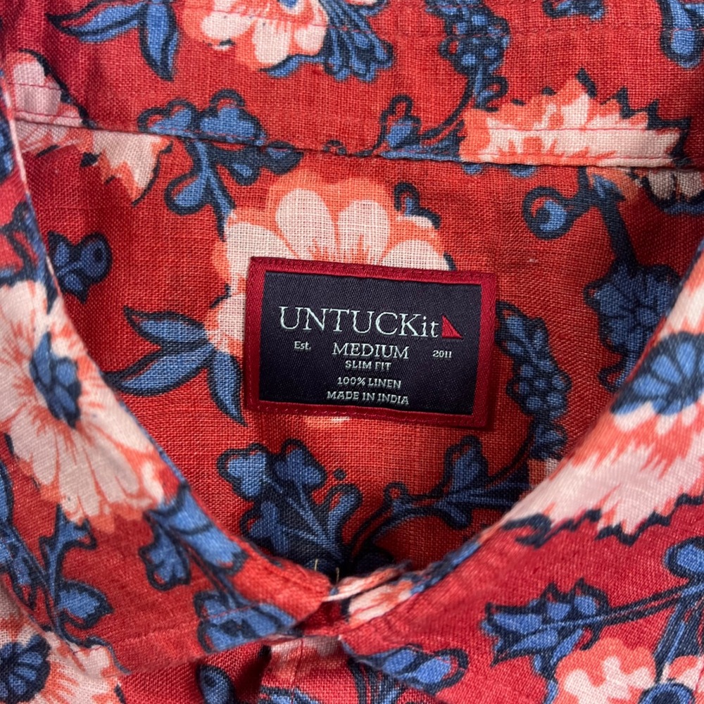 UNTUCKit Mens Redondo-SS Red Floral 100% Linen Slim Fit Shirt Medium 41470 - Picture 2 of 7